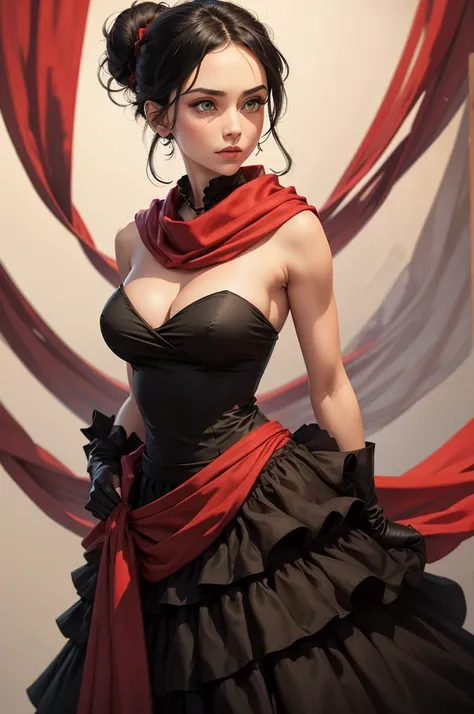 fullbody view, female, green eyes, black hair tied to a bun, strapless full dress, red scarf around her neck, flowy arm sleeves, silk gloves, a fabric is wrapped around her waist