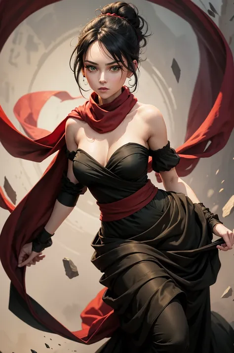 fullbody view, female, green eyes, black hair tied to a bun, strapless full dress, red scarf around her neck, flowy arm sleeves, silk gloves, a fabric is wrapped around her waist