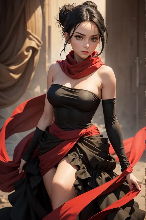 fullbody view, female, green eyes, black hair tied to a bun, strapless full dress, red scarf around her neck, flowy arm sleeves, silk gloves, a fabric is wrapped around her waist