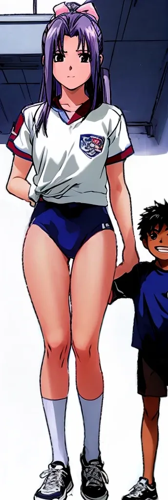 Momoko Koigakubo, a tall girl with beautiful legs, is standing with a smile on her face in a white gym uniform and light navy blue bloomers that look like panties.。Momoko Koigakubo is holding a young boy wearing a tracksuit。