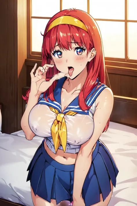 (high quality, High resolution, The finer details, Realistic), Rest A hotel room with beautiful neon lights, Midnight, Break Solo, Curvy Women, Japanese Sailor Suit,Redhead、Yellow headband、 Abdominal area only, skirt, Panty shot, Are standing, , Sparkling ...