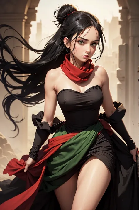 fullbody view, female, green eyes, black hair tied to a bun, strapless full dress, red scarf around her neck, flowy arm sleeves, silk gloves, a fabric is wrapped around her waist