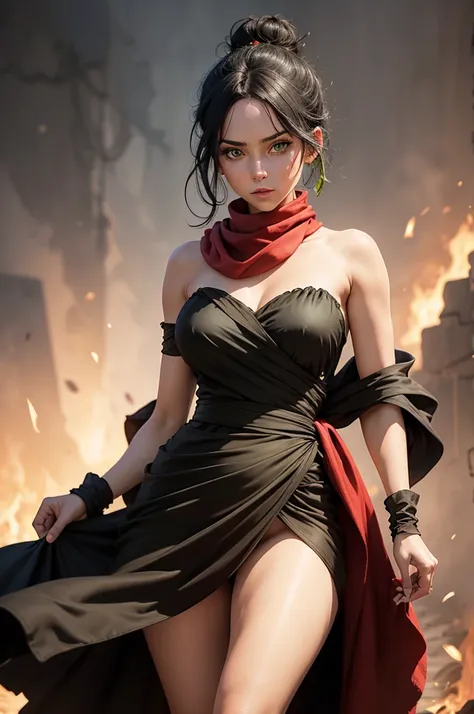 fullbody view, female, green eyes, black hair tied to a bun, strapless full dress, red scarf around her neck, flowy arm sleeves, silk gloves, a fabric is wrapped around her waist