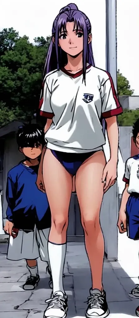 Momoko Koigakubo, a tall girl with beautiful legs, is standing with a smile on her face in a white gym uniform and light navy blue bloomers that look like panties.。Momoko Koigakubo is holding a young boy wearing a tracksuit。