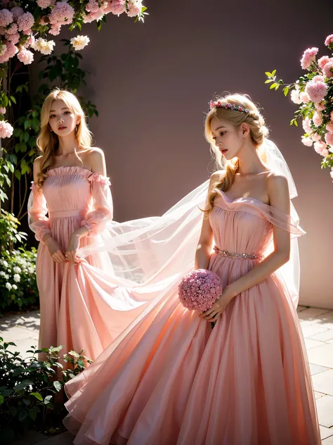 blond woman in 핑크빛 옷 holding a flower in her hand, dressed in a pink outfit, wearing an organza gown,  wearing ballroom gowns,  Stylish editorial photography, official valentino editorial, translucent dress, Subtle and dreamy, celestial fairy tale, very su...