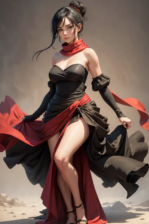 fullbody view, female, green eyes, black hair tied to a bun, strapless full dress, red scarf around her neck, flowy arm sleeves, silk gloves, a fabric is wrapped around her waist