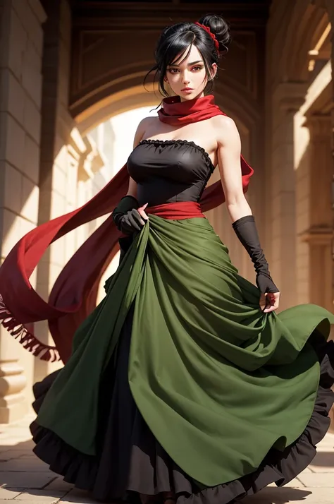 fullbody view, female, green eyes, black hair tied to a bun, strapless full dress, red scarf around her neck, flowy arm sleeves, silk gloves, a fabric is wrapped around her waist