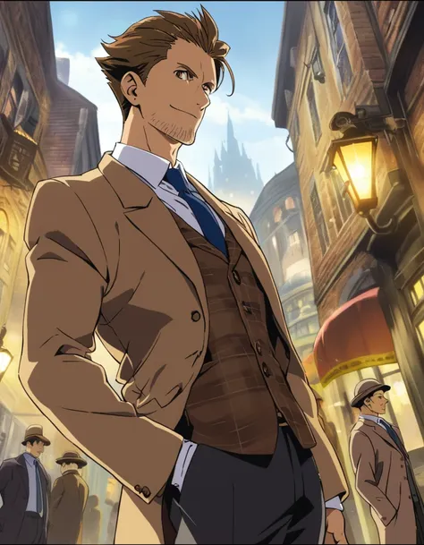 1man, veteran mature detective, muscular, boned nose, wavy slicked back spiked hair, yellow_brown hair, BREAK shihaku, brown eyes, dandy, virile, stubble, square shaped, large eyes, ugly, rough skin, facial wrinkles, ideal ratio body proportions, ordinaly,...