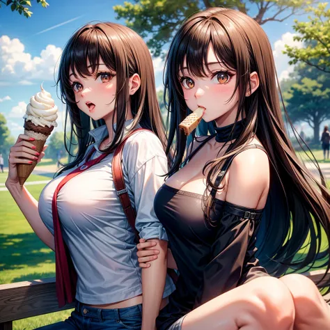 long dark hair / big tits / brown eye /  eats ice cream / in the park