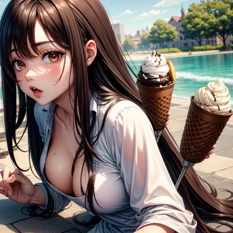 long dark hair / big tits / brown eye /  eats ice cream / in the park