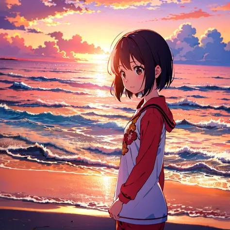 landscape, summer, sunset, Okinawa, Ocean, unmanned, Beach, Nobody, Hot Weather, sunset, HD detailed, Super detailed, movie, Hyperrealism, Soft Light, Deep Focus Bokeh, Ray Tracing, アートステーション pixiv Gwise, Makoto Shinkai, ArtJam