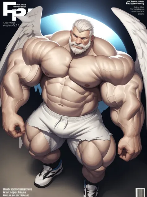 Magazine cover. Solo, 1boy, perfect anatomy, angel, drone view, white skin, high shoot, up view, perfect proportion, huge halo, wing, sharp eyes, big eyes, peaceful, angel eyes, halo, calm, perfect fingers, big hand, fingers. Huge Muscular Old man with sho...