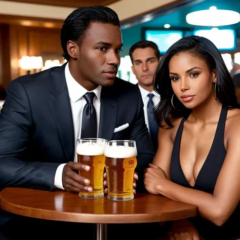 there is a pretty woman with dark skin, having a beer in a bar, she is accompanied by a handsome athletic executive in a suit an...