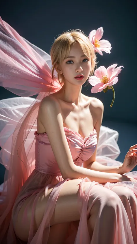 blond woman in 핑크빛 옷 holding a flower in her hand, dressed in a pink outfit, wearing an organza gown,  wearing ballroom gowns,  Stylish editorial photography, official valentino editorial, translucent dress, Subtle and dreamy, celestial fairy tale, very su...