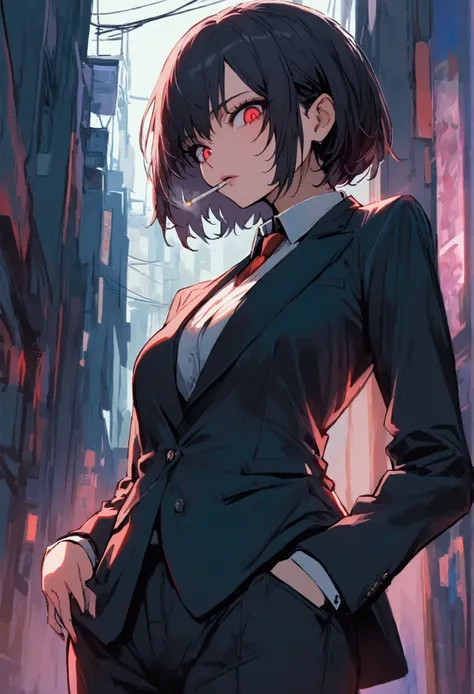 a woman in a suit, looking down at viewer with sharp eyes, she is smoking a cigarette, hands are in the trouser pocket, beautiful, red eye, black hair, wolf hair cut, low angle view