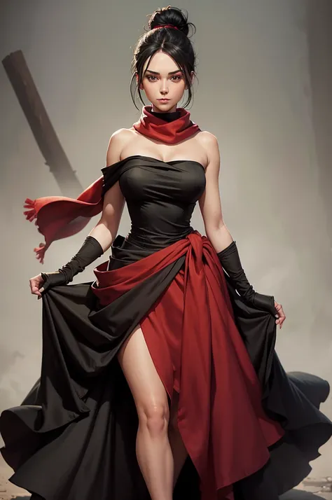 fullbody view, female, green eyes, black hair tied to a bun, strapless full dress, red scarf around her neck, flowy arm sleeves, silk gloves, a fabric is wrapped around her waist