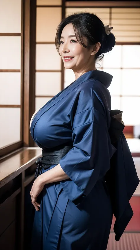 mature attractive sexy woman,50 years old, ((kimono)),((ultramarine))、(((kimono))),shut,((big breasts:1.2)),(facial wrinkles:1.3...