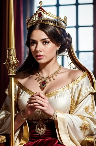 Create an image of a beautiful queen Victoria, 19-year-old, sitting majestically on an ornate golden throne. She wears a royal crown adorned with jewels and a long, flowing robe decorated with intricate gold embroidery and red velvet lining. The queen hold...