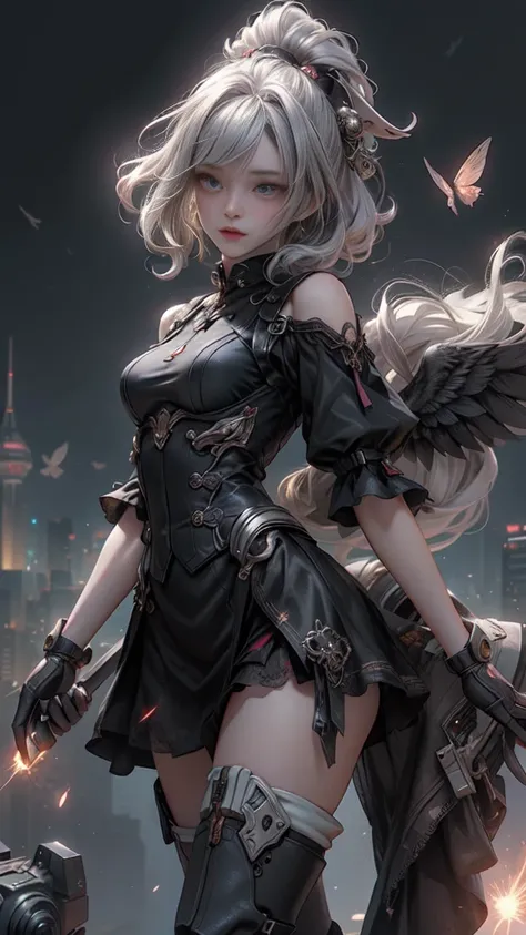 ((Highest quality)), ((Truly a masterpiece)), ((Ultra-detailed:1.4)), ((Ultra-Photorealistic 3D)), Android Magical Girl, Mechanical body, Dynamic action poses for battle scenes, Very complex and heavy fighter aircraft mechanical armament, Off-the-shoulder ...