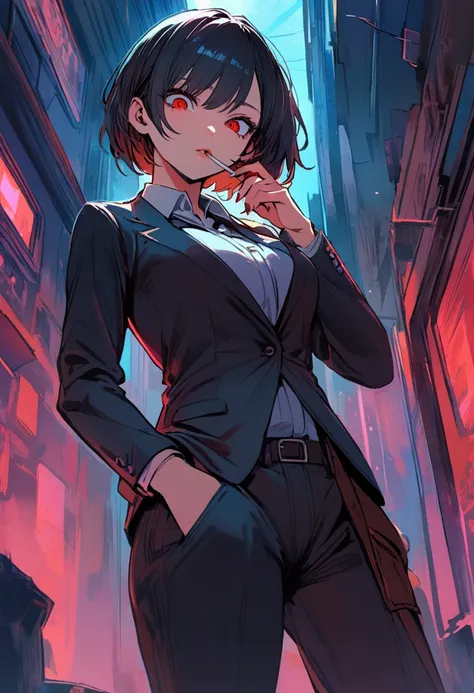 a woman in a suit, looking down at viewer with sharp eyes, she is smoking a cigarette, hands are in the trouser pocket, beautiful, red eye, black hair, wolf hair cut, low angle view