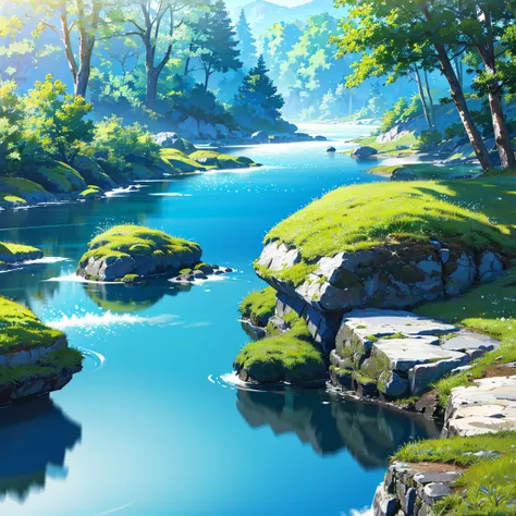 landscape, summer, Clear Stream, forest, unmanned, river, blue sky, Nobody, Distant Mountain々, HD detailed, Super detailed, movie, Hyperrealism, Soft Light, Deep Focus Bokeh, Ray Tracing, Hyperrealism. , アートステーション pixiv Gwise, Makoto Shinkai, ArtJam