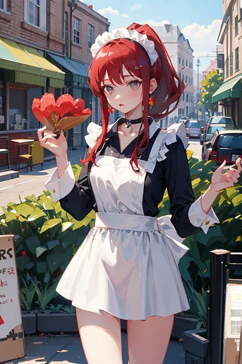 [[[[[[1 woman]]]]]] {{{ponytail hair}}},  long hair, red hair, gray eyes animation, Breasts slightly larger, medium hips, choker, shy, maid uniform, choker, standin, very detailed, 8k, Cafe Background