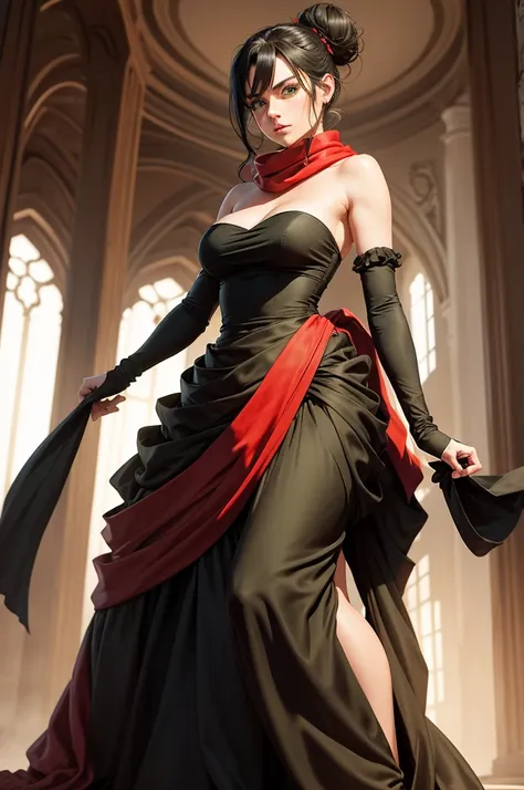 fullbody view, female, intense green eyes, black hair tied to a bun, strapless full dress, red scarf around her neck, flowy arm sleeves, silk gloves, a fabric is wrapped around her waist