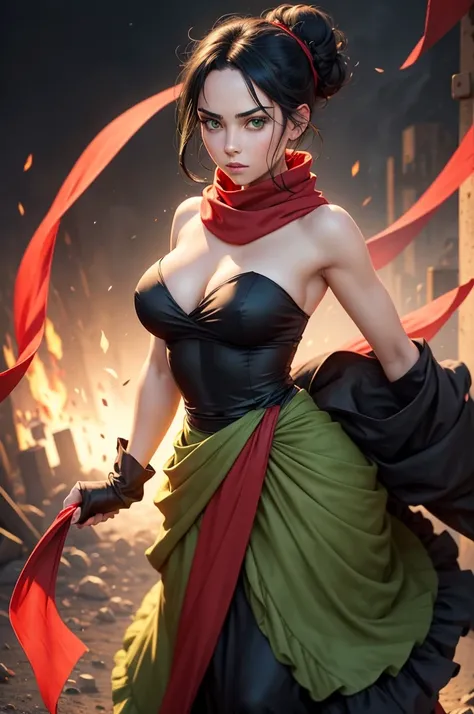 fullbody view, female, intense green eyes, black hair tied to a bun, strapless full dress, red scarf around her neck, flowy arm sleeves, silk gloves, a fabric is wrapped around her waist