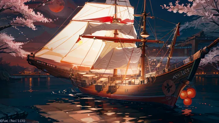 a sailing ship on a river at night, red moon, cherry blossom trees, smooth sailing, atmospheric, alluring scenery, moonshine aroma, digital painting, concept art, (light red theme),(best quality,4k,8k,highres,masterpiece:1.2),ultra-detailed,(realistic,phot...