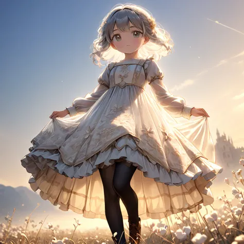 (Highly detailed CG Octane render 8k wallpaper), 8 year old girl underwear, You can see the real bloomers made of cotton fabric., Medieval translucent dress with panniers, Fabric Realism, Low Angle,  Pull up the dress by hand, Strong winds, Translucent sli...