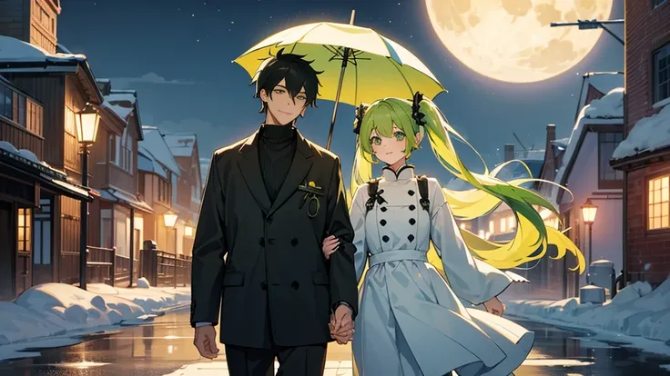 The background is the way home on a full moon day in midwinter.。Shot of a couple walking side by side。The woman has cute yellow-green hair in twin tails.。The man is a handsome man with short black hair.。The two of them look at each other with a sad smile.。...