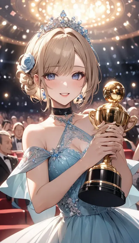 joyの涙, (Evening Dresses), (Holding up the trophy, joyの渦:1.5), The background is the stage, doaxvv_Marie Rose, One girl, Black choker, 超High resolution, retina, masterpiece, Accurate, Anatomically correct, Textured skin, Super Detail, Attention to detail, h...