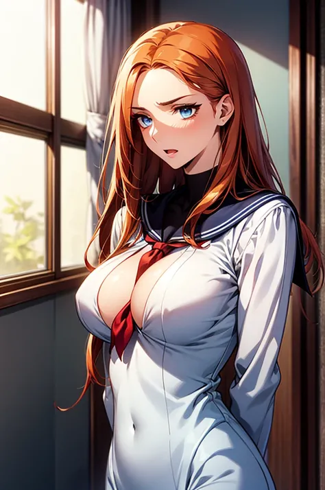 Masterpiece,Highest quality,8k,Ultra-high resolution,appropriate margins,lighting,Depicted from the waist up,BREAK,(1 person),Very beautiful college student,Slim body,(The richest big breasts),Deep cleavage,Moisturized Skin,BREAK,(Orange Hair),Forehead,mas...