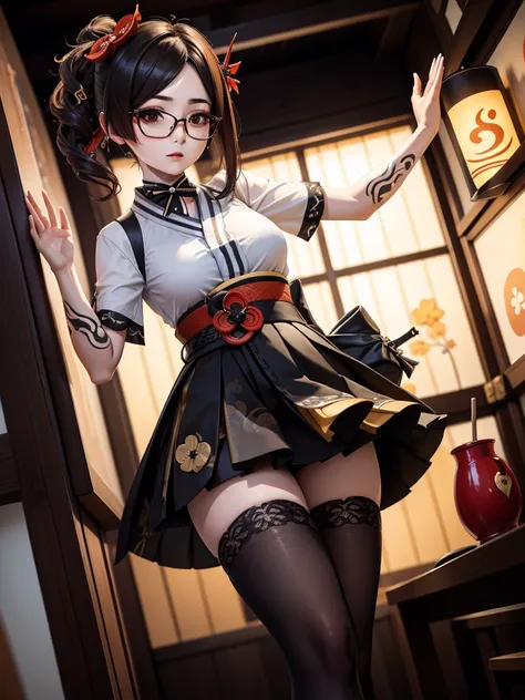 chiori, (genshin impact), sexy aesthetic wet short skirt white shirt short black skirt black stockings long hair glasses hands r...