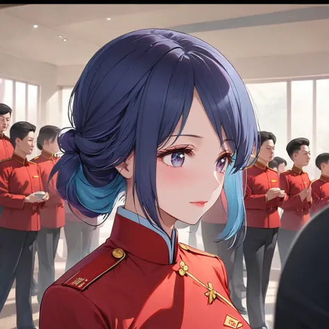 ((Highest quality)), ((masterpiece)), (detailed), （Perfect Face）、The woman is a Chinese woman named Akane Kurokawa. She has medium-long blue hair and is wearing an engagement ring. She is a member of the glorious Chinese Communist Party and has sworn absol...