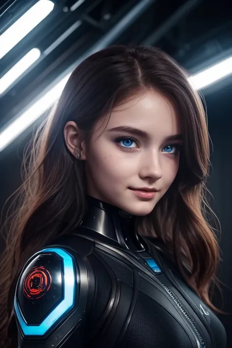 16 years old robo girl, beautiful big striking blue eyes, delicate black eyebrows, rosy cheeks, red lips, smiling face very white skin, long wavy orange hair cascading around her face and shoulders, detailed eyelashes, photorealistic cyberpunk style, perfe...