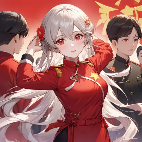 ((Highest quality)), ((masterpiece)), (detailed), （Perfect Face）、The woman is a Chinese Kaim with medium-long silver hair and an engagement ring. She is a member of the glorious Chinese Communist Party and has sworn absolute loyalty to the Communist Party ...