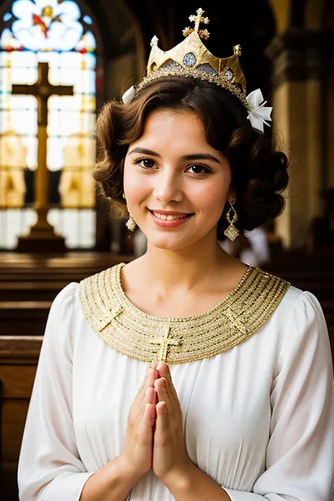 A woman with brown hair with curlers with the face of an angel wearing a white dress with diamond and gold crown, a bright blue tunic and a Caacupe church behind her praying in the virgin hand of Caacupe Paraguay