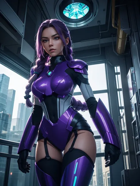 Beautiful Caucasian woman. Slim body. Just one woman. Alone. Only one person in the picture. Western woman. Long hair with 1 braid. Purple hair. Bright purple eyes. Woman doing a sexy Mega Man X cosplay. Her outfit is blue and is a sensual version of the M...