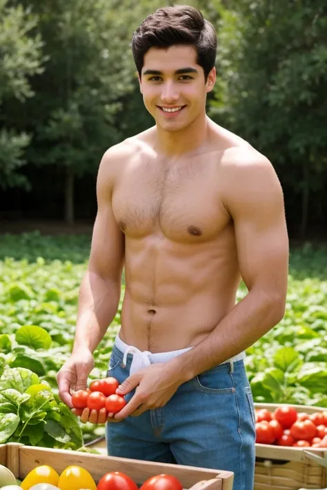 young cute handsome cute beautiful face white foot soft shirtless picking vegetables 