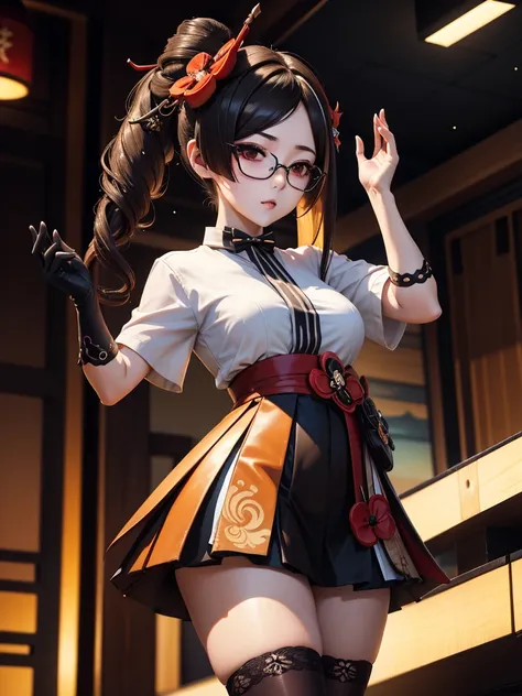 chiori, (genshin impact), sexy aesthetic wet short skirt white shirt short black skirt black stockings long hair glasses hands r...