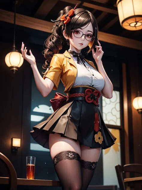 chiori, (genshin impact), sexy aesthetic wet short skirt white shirt short black skirt black stockings long hair glasses hands r...