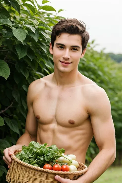 young cute handsome cute beautiful face white soft skin shirtless picking vegetables 