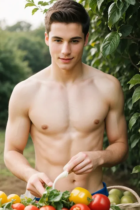 young cute handsome cute beautiful face white soft skin shirtless picking vegetables 