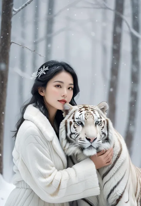 a woman and a slightly larger white tiger are depicted in a scene of mutual affection against a snowy backdrop. the woman dresse...