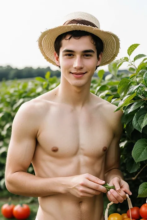 young cute handsome pretty beautiful face white soft skin skinny shirtless naked picking vegetables hat