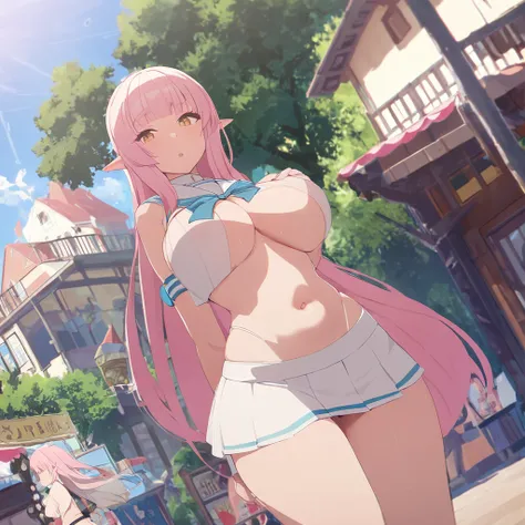 Teens elf, hime cut, long hair, light pink hair, mini sailor uniform, exposed navel, mini skirt, J cup breast, thicc thigh, summer town, masterpiece, perfect, clear view.