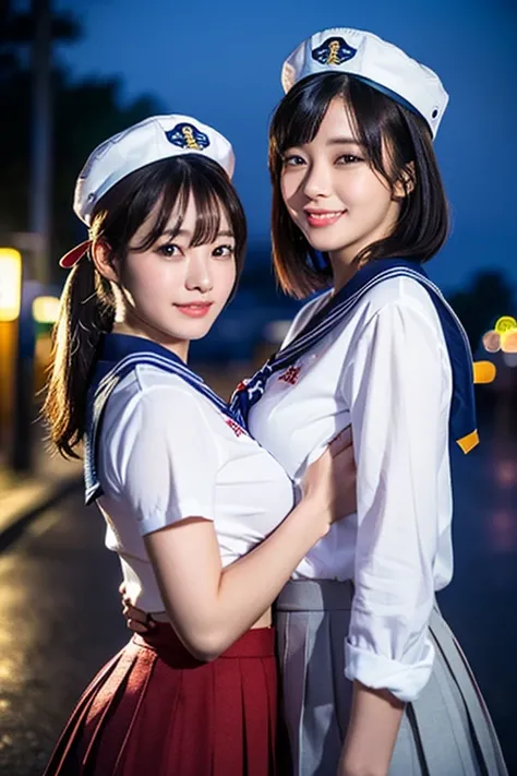 (2girls, youthful & beautiful women, age 20s, wearing the iconic japanese highschool uniform,  white shirt with buttons, pleated mini-skirt, red neck collar ribbon, serafuku, ponytail hair, short hair, bob hair with side bangs, sailor hat, sailor uniform,
...