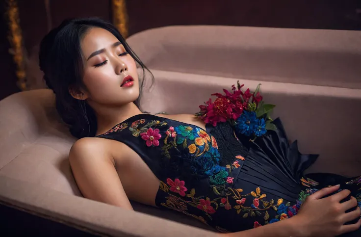 In a striking 8K HDR scene, a stunning Korean woman, 22 years old, lies peacefully in a black coffin surrounded by plush pillows. The deep box is set against a rich black background, accentuating the beauty of the subject. Her exquisite deep-V neckline keb...