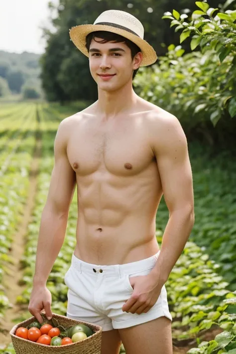 young cute handsome pretty beautiful white face soft skin skinny short hair shirtless naked picking vegetables hat cute butt nice man&#39;s butt